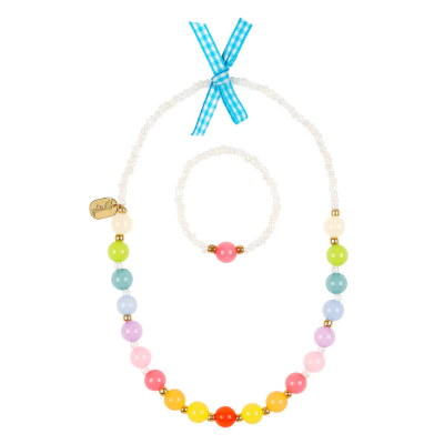 Conjunto de bijuteria com colar e pulseira de contas coloridas com laço azul