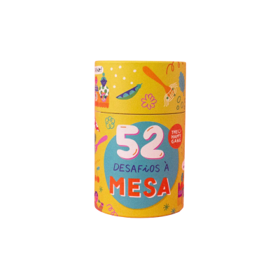 Embalagem cilíndrica amarela com texto e ilustrações coloridas