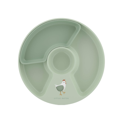 Prato divisório verde água com desenho de galinha e texto Little Dutch