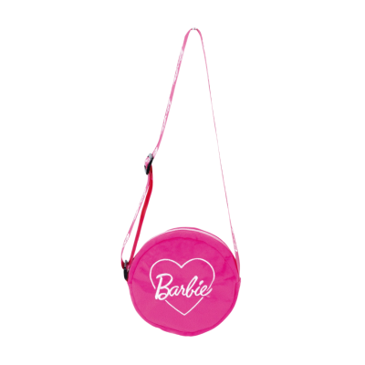 Mala de ombro redonda cor-de-rosa com texto Barbie e alça rosa