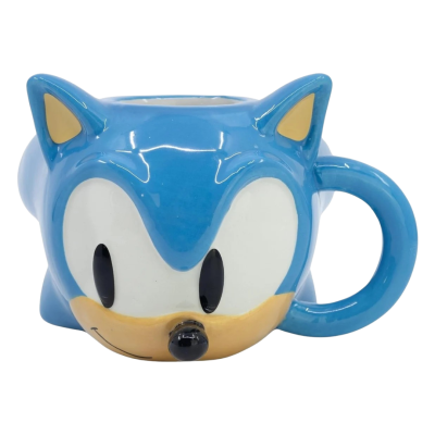 Caneca azul em cerâmica com formato da cabeça do Sonic