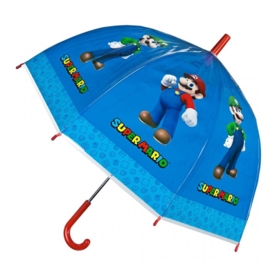 Guarda-chuva azul infantil com imagens e texto SUPER MARIO e personagens Mario e Luigi