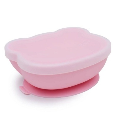 Recipiente plástico rosa com tampa e ventosa