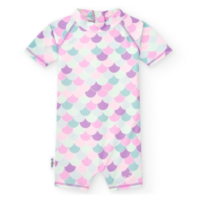 Fato de banho infantil colorido com padrão de escamas e gola alta