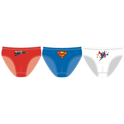 Três cuecas infantis com temas do Superman em vermelho, azul e branco.