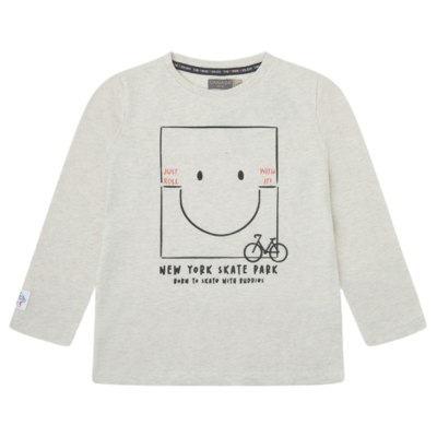 Camisola cinza claro de manga comprida com estampa smiley e texto skate