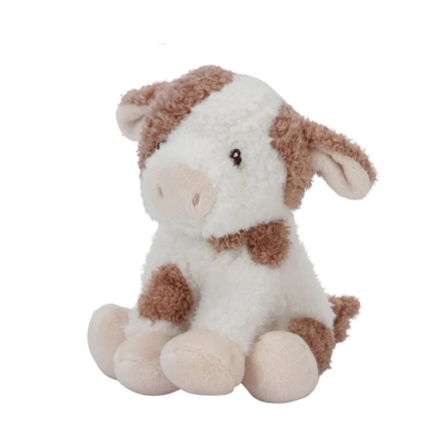 Pelúcia de vaca branca com manchas castanhas e focinho bege