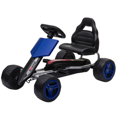 Kart infantil preto e azul com volante e quatro rodas