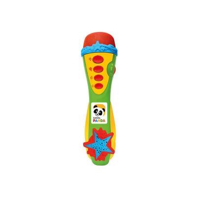 Microfone de brinquedo colorido com logótipo CANAL PANDA e controlo de volume