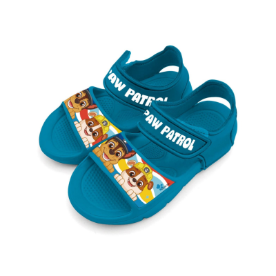 Sandálias azuis infantis com personagens PAW PATROL e tiras em velcro com texto branco