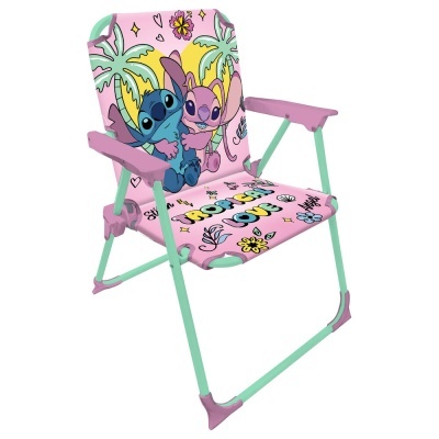 Cadeira infantil rosa com estampado tropical e personagens