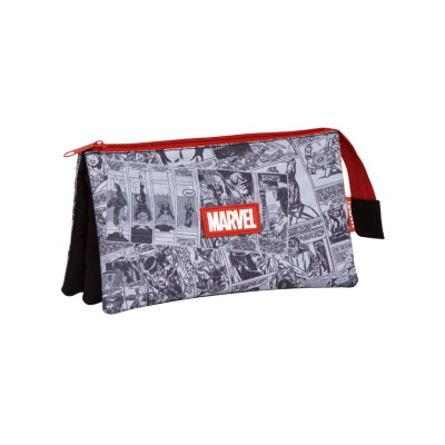 Estojo escolar Marvel com padrão de banda desenhada e fecho vermelho