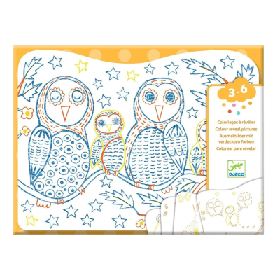 Conjunto para colorir DJECO com desenhos de corujas e estrelas em fundo branco e embalagem amarela.