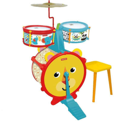 Bateria infantil de brinquedo colorida com tambores e banco amarelo