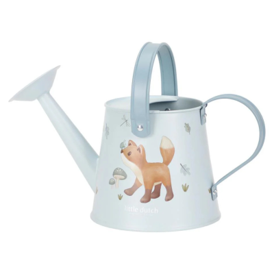 Regador metálico azul claro decorado com raposa e cogumelos