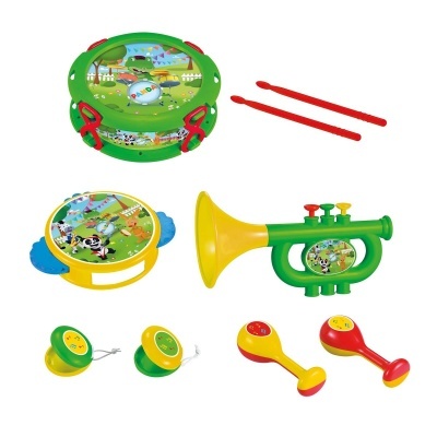 Conjunto de instrumentos musicais infantis coloridos com desenhos de animais e a palavra PANDA