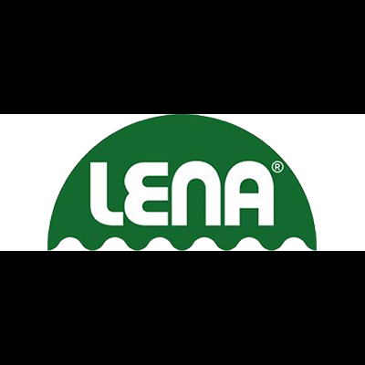 Logótipo da marca LENA em branco sobre fundo verde semicircular