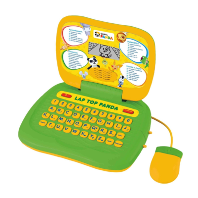 Computador infantil verde e amarelo com teclado e ecrã monocromático com desenho de panda.