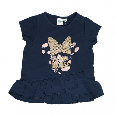 T-shirt infantil azul escura com estampa dourada e rosa de borboleta e texto Minnie Mouse