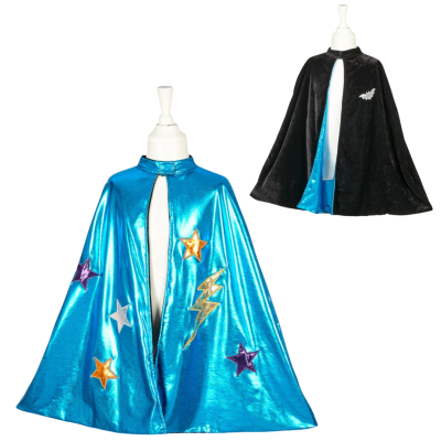 Capa dupla-face azul brilhante com estrelas e raio, e lado preto com morcego