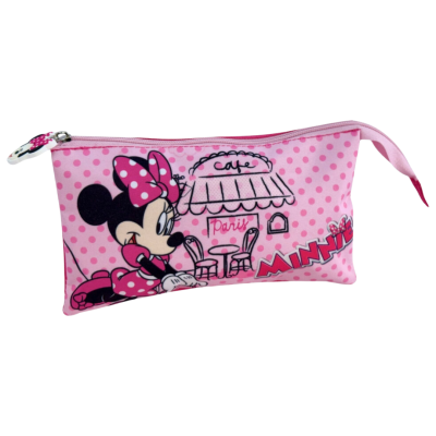 Estojo cor-de-rosa com estampa da Minnie e texto Paris e Minnie