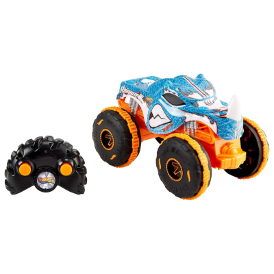 Carrinho Hot Wheels azul com rodas pretas e control remoto preto laranja