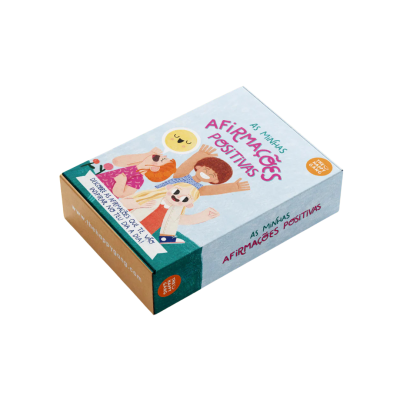 Caixa com ilustração colorida e texto sobre afirmações positivas