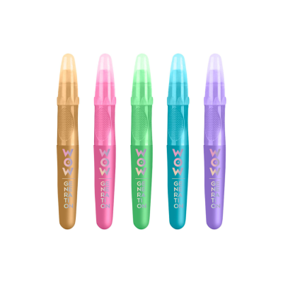 Marcadores de texto coloridos em cinco cores diferentes com texto WOW GENERATION