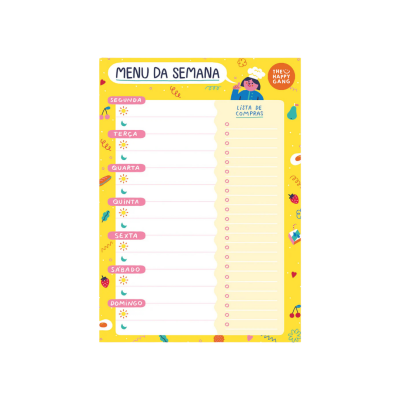 Placa de menu da semana com lista de compras e decoração colorida