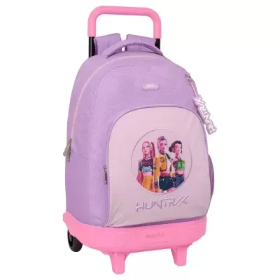Mochila de rodinhas lilás e rosa com alça e roda, bolso frontal com imagem de três personagens femininas