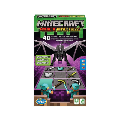 Caixa do jogo Minecraft Magnetic Travel Puzzle com várias cores, personagens e itens pixelizados.