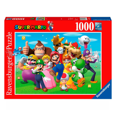 Caixa de quebra-cabeças Super Mario Ravensburger 1000 peças em fundo vermelho