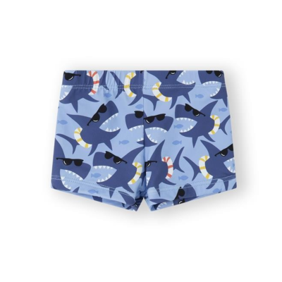 Calções de banho azuis com padrão de tubarões e boias