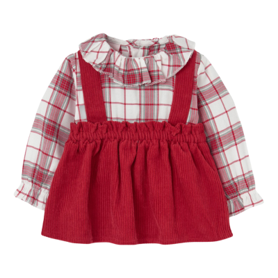Vestido de bebé vermelho e xadrez com gola folhada e mangas compridas
