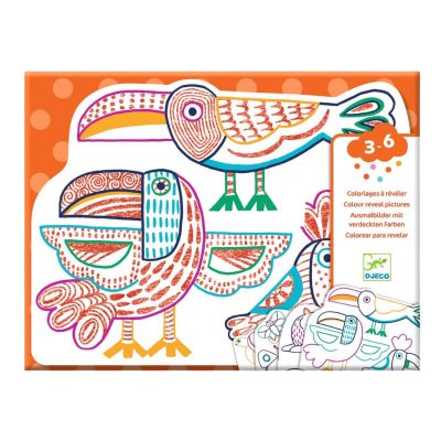 Conjunto para colorir com ilustrações de aves, embalagem laranja com texto 3-6 e instruções em múltiplas línguas