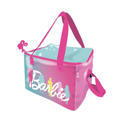 Saco térmico cor-de-rosa e azul com alças cor-de-rosa e texto Barbie