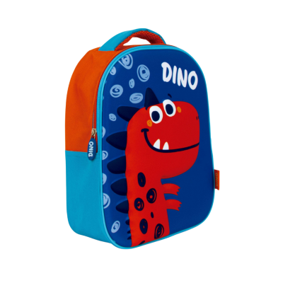 Mochila infantil azul e laranja com desenho de dinossauro vermelho e palavra DINO