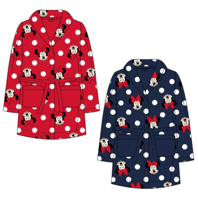 Dois robes infantis vermelhos e azul escuro com bolinhas brancas e padrão da Minnie Mouse