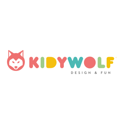 Logotipo colorido KIDYWOLF com ícone de lobo e texto DESIGN & FUN