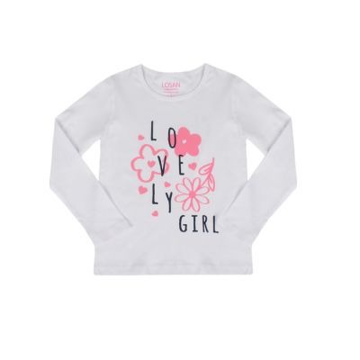 Camisola branca de manga comprida para menina com estampado 'LOVELY GIRL' e flores rosas