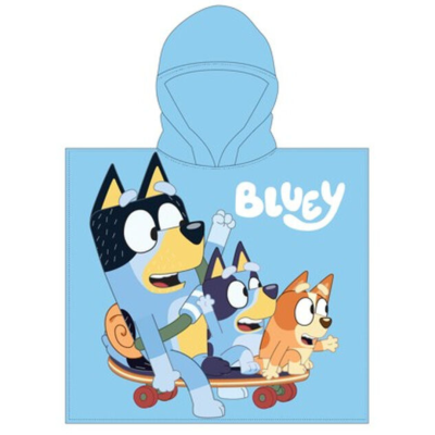 Poncho azul claro com capuz e estampa de personagens de cão animados