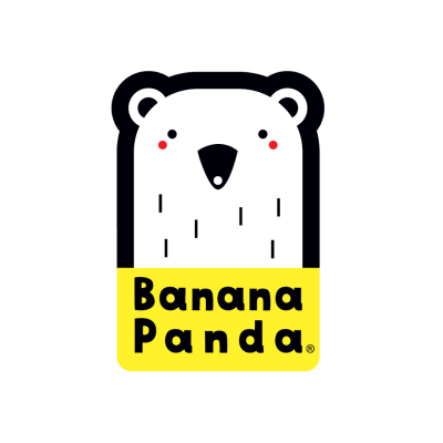 Logótipo com cabeça de urso preto e branco e texto Banana Panda