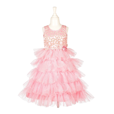 Vestido rosa de criança com flores douradas e saia de tule com brilho em varias camadas