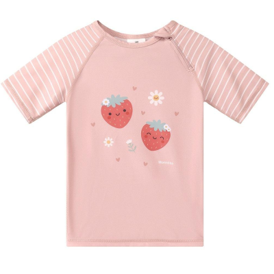 T-shirt rosa com mangas às riscas e estampa de morangos sorridentes