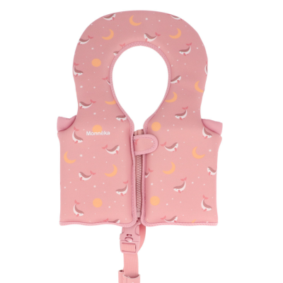 Colete salva-vidas infantil cor-de-rosa com padrão de golfinhos e luas