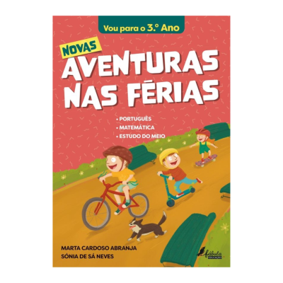 Capa de livro escolar colorida com título e ilustração de crianças no parque