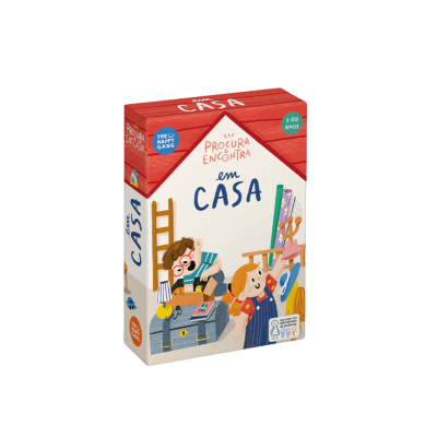 Caixa do jogo 'Procura e Encontra em Casa' com ilustração de crianças e mobília, fundo branco com vermelho.