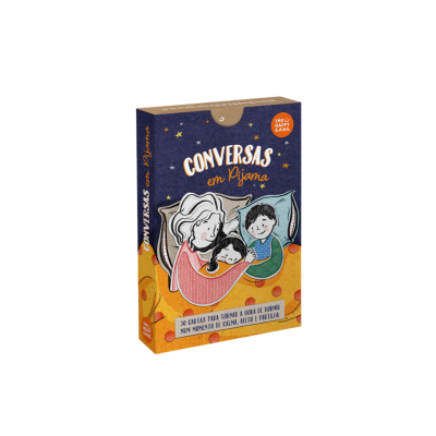 Caixa de jogo de cartas Conversas em Pijama com ilustração de mãe e filhos a dormir.