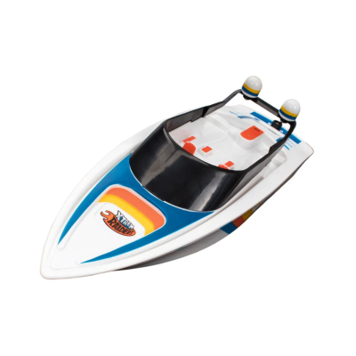 Barco de brinquedo branco e azul com texto XTREM RAIDERS