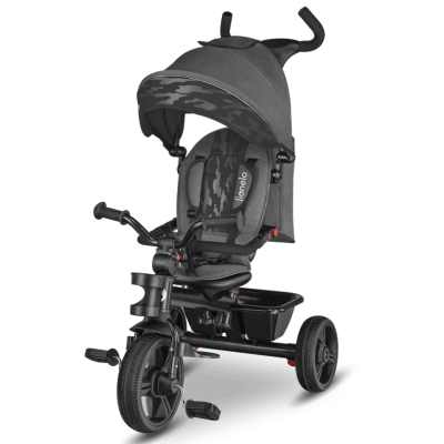 Triciclo infantil cinzento com padrão camuflado e capota